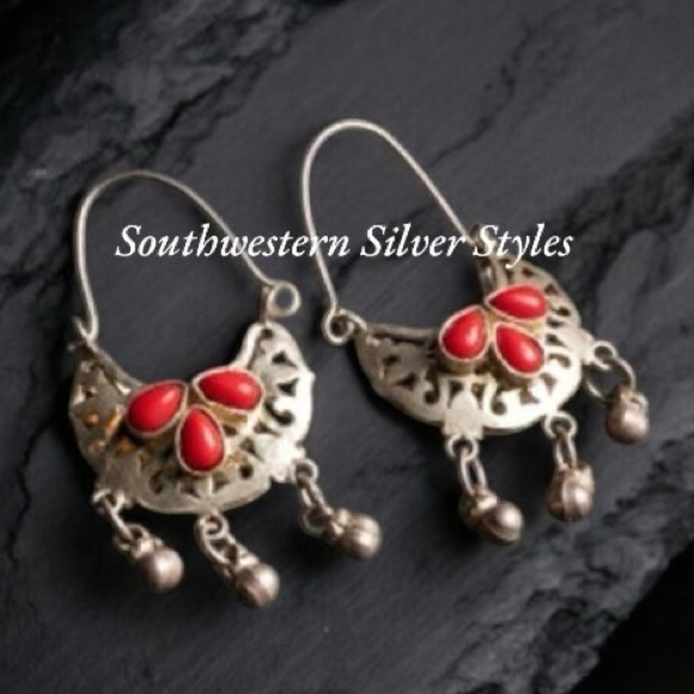 NEW Southwestern Navajo Style Mediterranean Red Coral Silver Plated Earrings